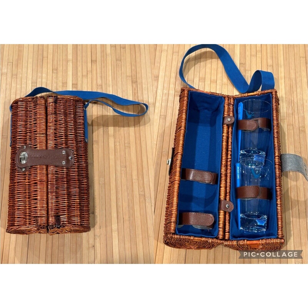 Grey Goose Vodka Wicker Bottle Carrier With Glasses & Stir Sticks - Picnic